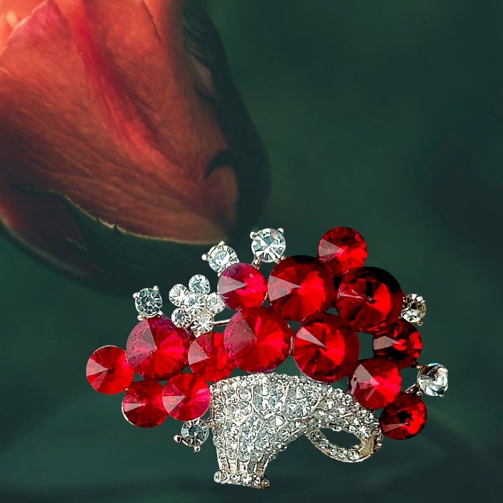 Elegant Red and Silver Crystal Brooch